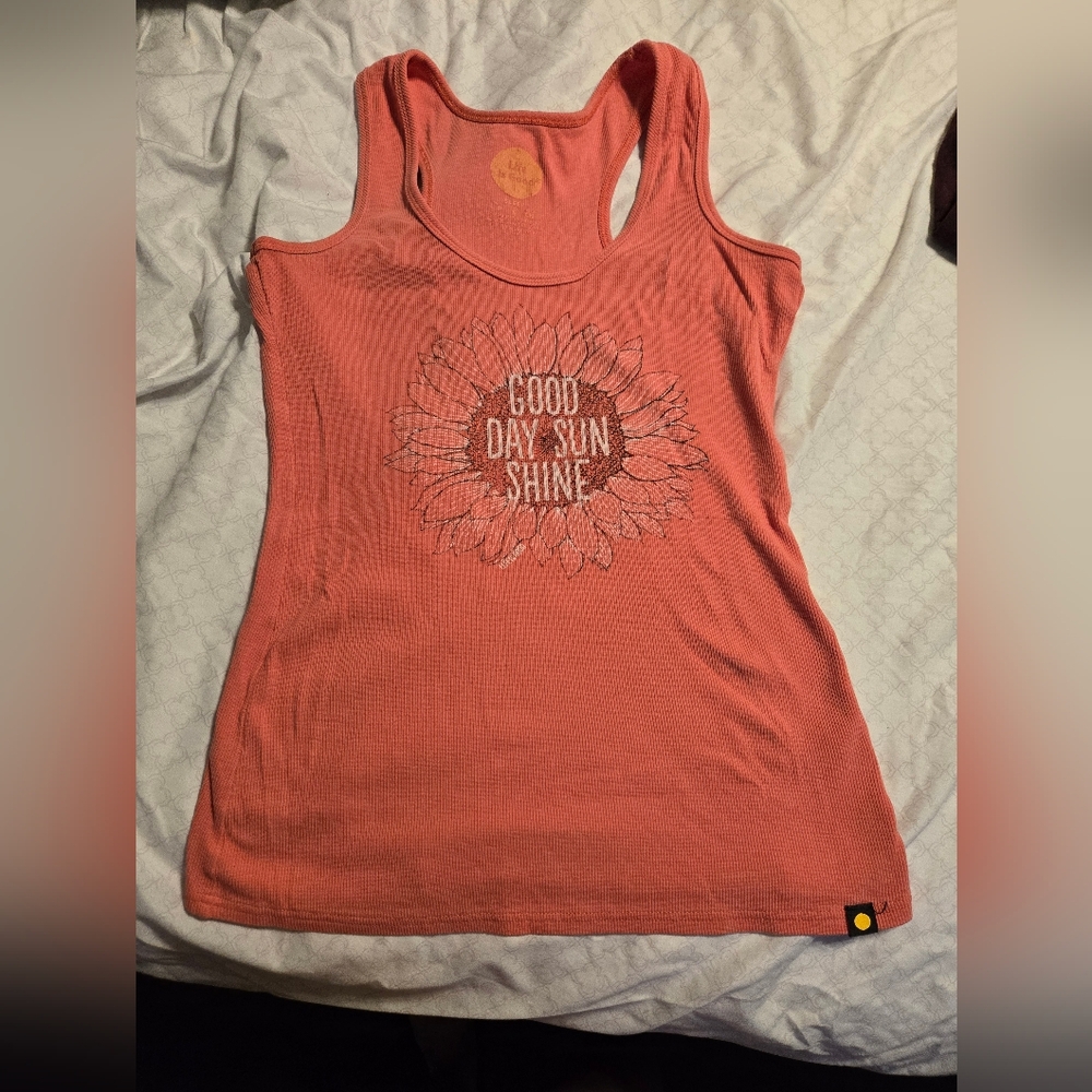 Life Is Good Coral Tank Top with Sunflower Graphic